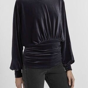 Express Velvet Cinched Banded Bottom Draped Long Sleeve Top Black Size Small